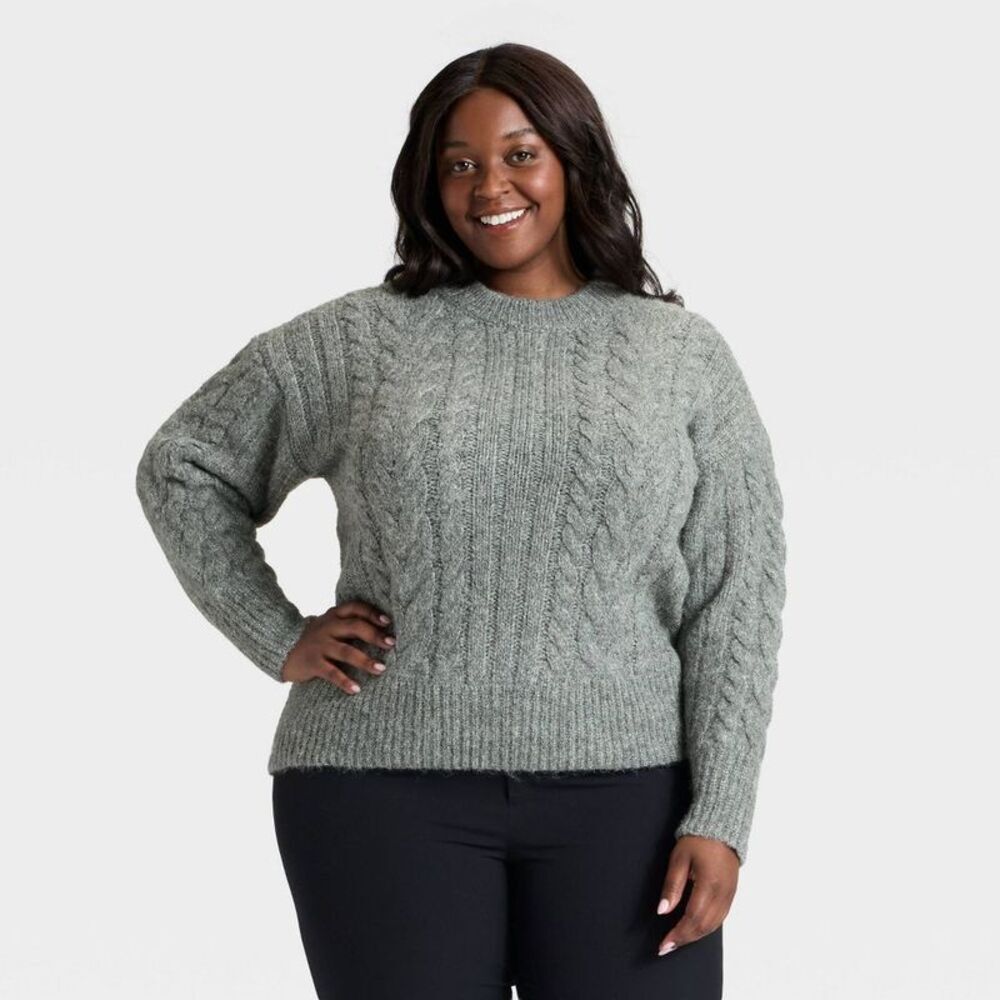 Women's Cabled Sweater - A New Day Heather Gray 2X